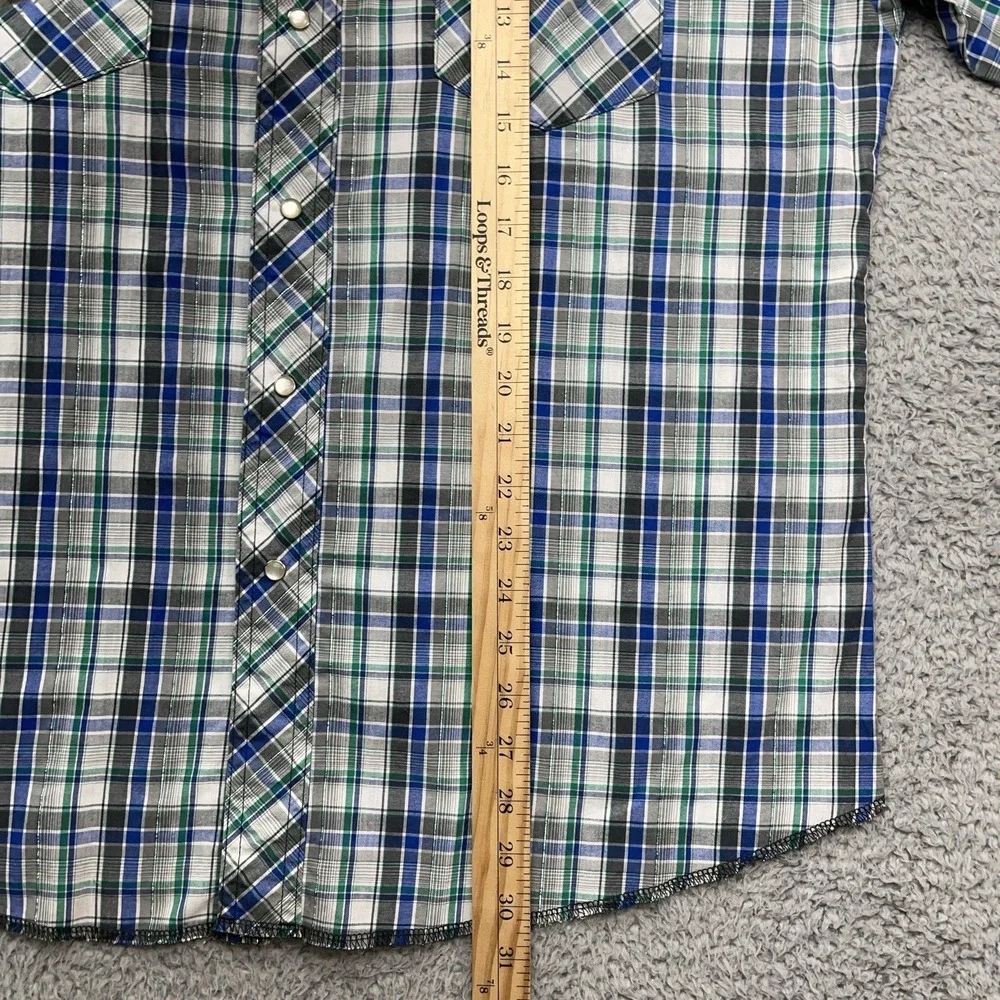 Wrangler Western Pearl Snap Shirt Mens L Blue Green Metallic Tartan Plaid Cowboy